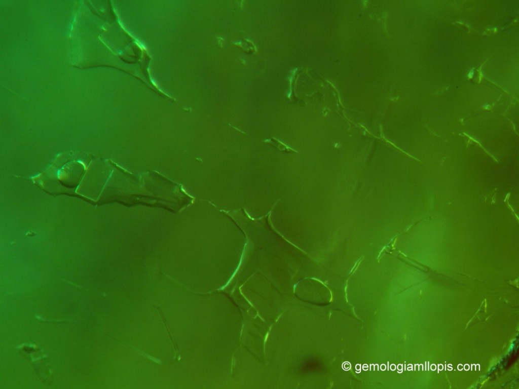 Inclusiones trifásicas en la esmeralda con las fisuras rellenas de aceite. Luz de campo oscuro, 80X.