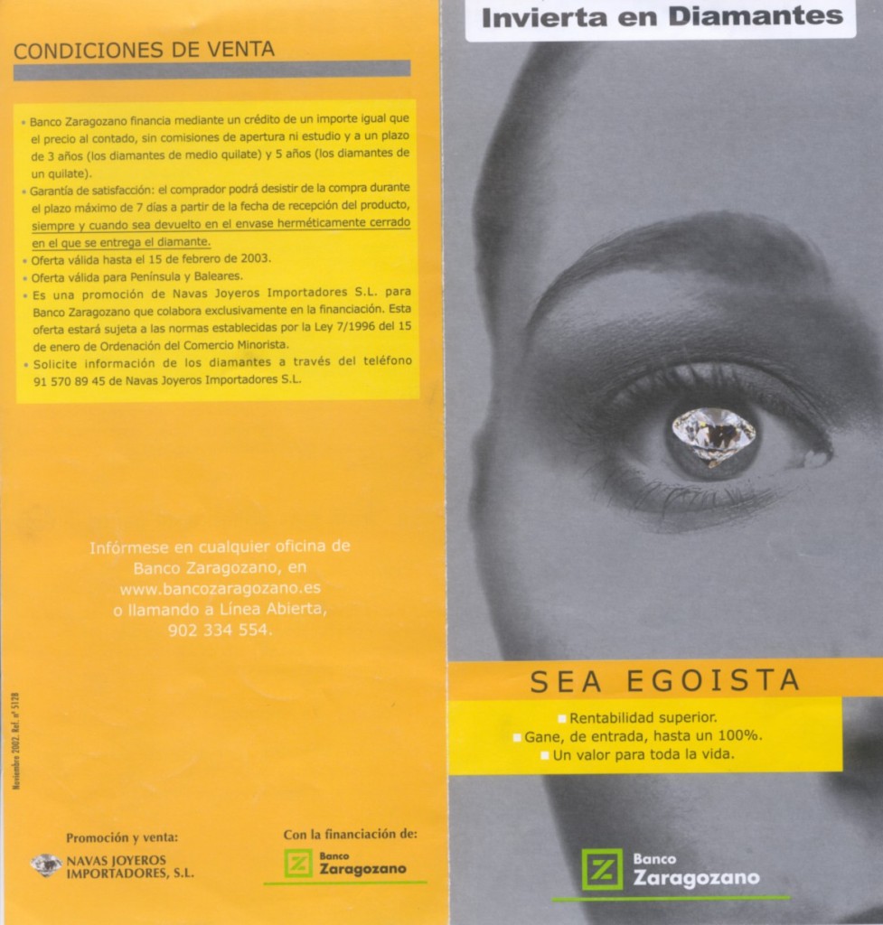 Propaganda del Banco Zaragozano para que compres diamantes certificados por EGL