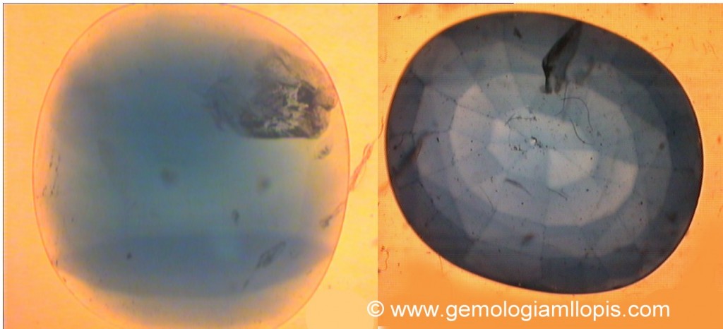 Zafiro natural sin tratar (izqda), zafiro natural tratado por difusión.