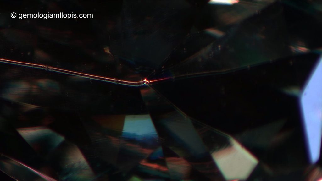 Desdoblamiento de las aristas al observar el interior de una moisanita. Luz transmitida y reflejada, 60x.