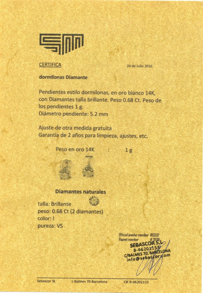Supuesto certificado de diamante