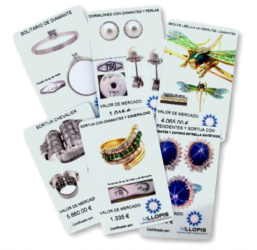 Certificados y valoraciones de joyas on line con tarjeta plástica tipo tarjeta de crédito.