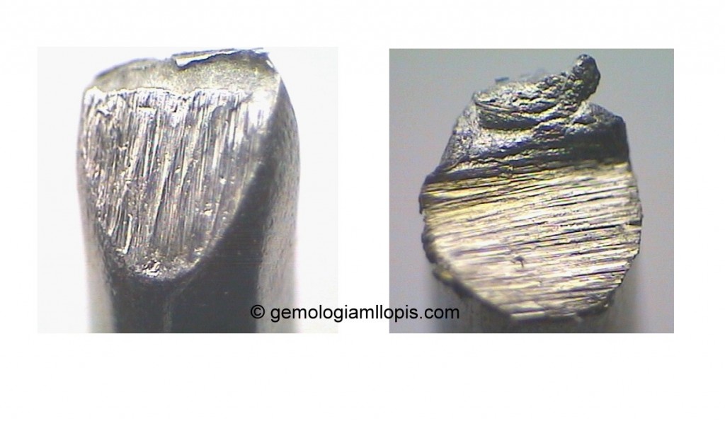 La imagen de la izquierda es un corte realizado con alicates a un fragmento de un aro. Y, la imagen de la derecha es un corte con sierra efectuado en otra zona del mismo fragmento. Los aros no estaban huecos ni tenían cavidades en su interior.