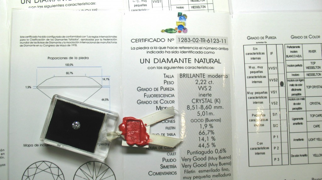 Certificado de diamante con estuche de metacrilato y lacre de MLLOPIS