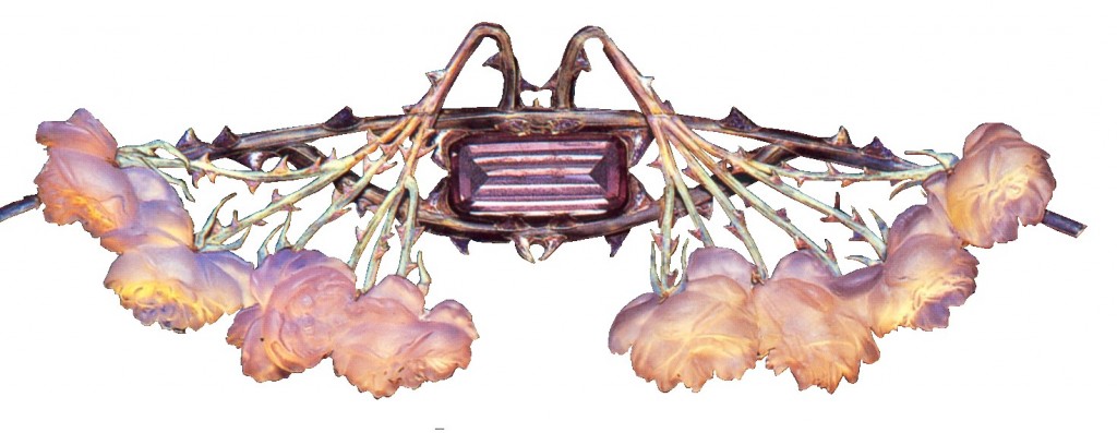 Broche de oro, vidrio rosa esmaltado, amatista, esmalte 1905 Lalique