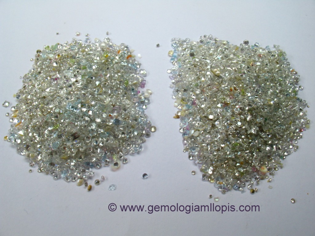 Lotes de piedras pequeñas mezcladas. Proceden del desengaste de joyas que se han fundido. 