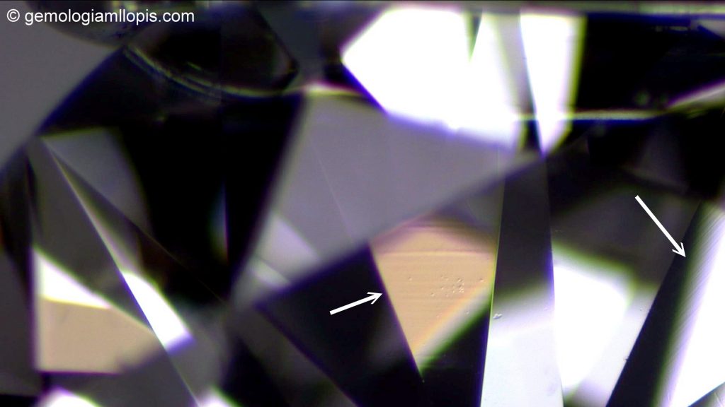 Rayas de pulido en un diamante. Podrían confundirse con línes de grano, pero debemos fijarnos que en cada faceta cambian de dirección. La líneas de grano siguen la misma dirección en toda su longitud. Luz reflejada, 25X.