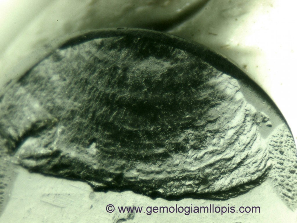 Superficie irregular con estrías en una fractura concoidea de la muestra