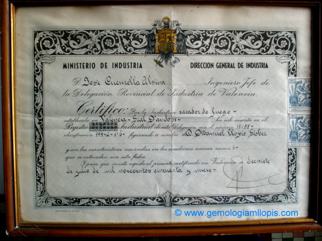 titulo de sacador de fuego de Manuel llopis Chisvert