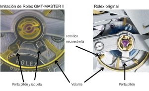 Imágenes de la comparativa de una máquina réoplica calibre 3285 de Rolex con una original