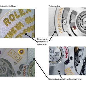 Detalles minuciosos de las diferencias de una máquina Rolex réplica calibre 4130 de una original